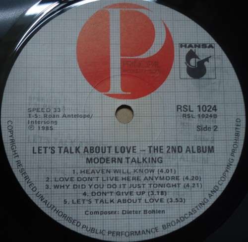 MODERN TALKING -THE 2ND  ALBUM LET'S TALK ABOUT LOVE-1985 PRINCIPAL VINYL LP RSL 1024