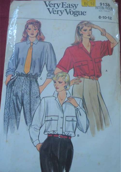 VOGUE PATTERN 9136 BLOUSE WITH VARIATIONS  SIZE 8 + 10 + 12 COMPLETE