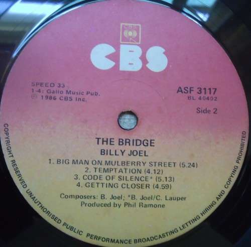 BILLY JOEL-THE BRIDGE  1986 CBS VINYL LP ASF 3117 WITH INNER SLEEVE
