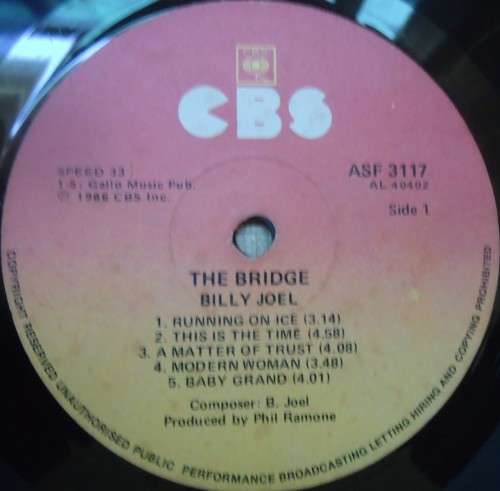 BILLY JOEL-THE BRIDGE  1986 CBS VINYL LP ASF 3117 WITH INNER SLEEVE