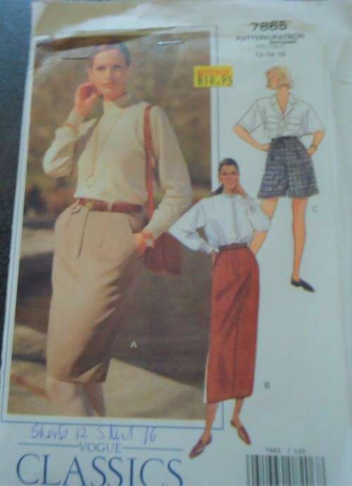 VOGUE CLASSIC PATTERNS 7865 `SKIRT & SHORTS`  SIZE 12 + 14 + 16 COMPLETE & PARTLY CUT