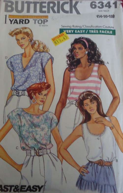 BUTTERICK PATTERN 6341  1 YARD TOP (LESS THAN A METRE) SIZE 14 + 16 + 18 COMPLETE