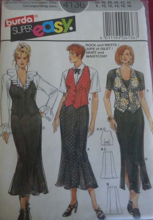 BURDA 4136 SKIRT & WAISTCOAT SIZES 8 - 18 COMPLETE