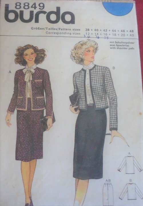 BURDA 8849 SHORT EDGED JACKET & SKIRT SIZES 12 + 14 + 16 + 18 + 20 + 40 COMPLETE