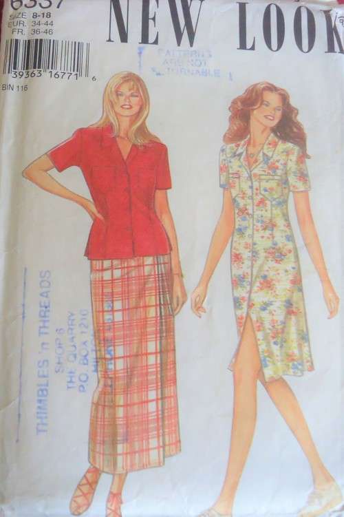 NEW LOOK PATTERNS 6337 FRONT BUTTON DRESS, TOP & WRAP SKIRT SIZES 8 - 18 COMPLETE
