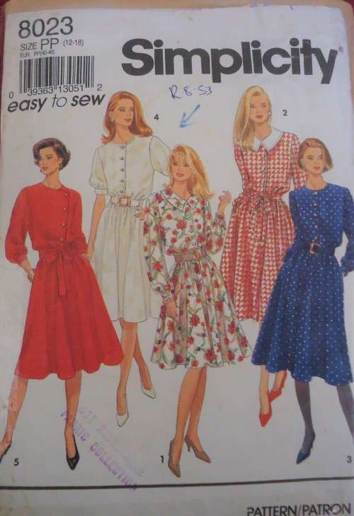 SIMPLICITY PATTERN 8023 DRESS WITH BODICE VARIATIONS SIZE PP = 12 - 18 COMPLETE