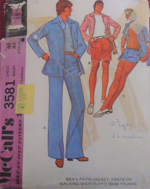 McCALL'S PATTERN 3581 MEN'S JACKET-PANTS-WALKING SHORTS-SWIM TRUCKS SIZE 40 WAIST 44" COMPLETE