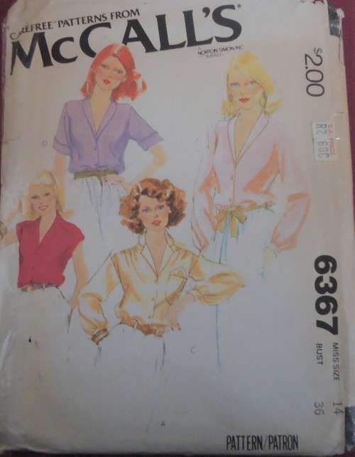 McCALL'S PATTERN 6367  SET OF BLOUSES  SIZE 14 BUST 36" COMPLETE & UNCUT