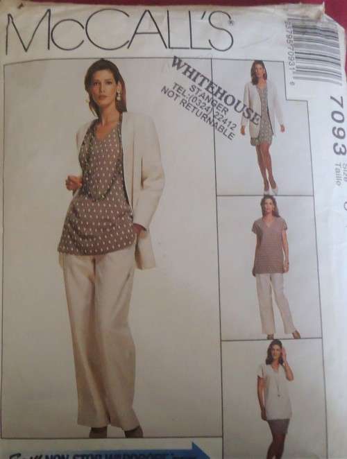McCALL'S PATTERN 7093 UNLINED JACKET-DRESS-TUNIC-SKIRT-PANTS SIZE C = 10-12-14 COMPLETE