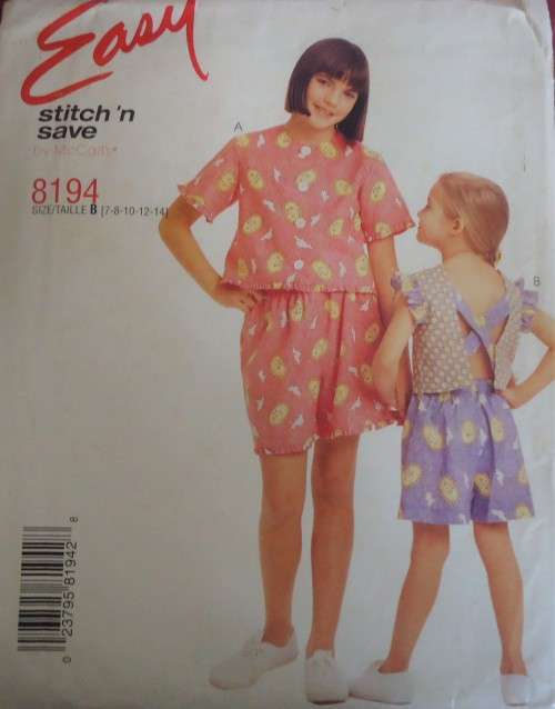 McCALL'S PATTERN 8194 KIDS -TOP- SHORTS SIZE B=7+8+10+12+14 YRS COMPLETE-UNCUT