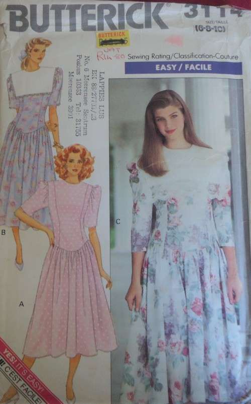 BUTTERICK 3114 DRESS WITH DROPPED WAIST SIZE 12-14-16 COMPLETE