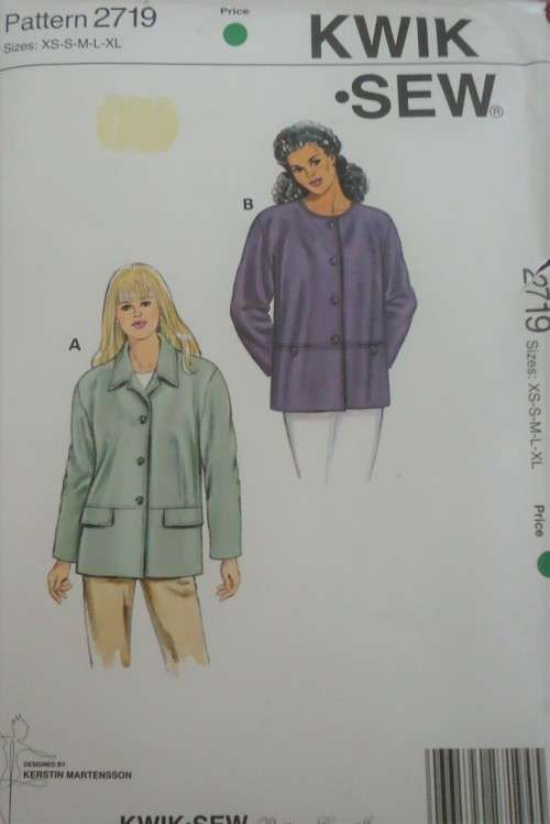 KWIK SEW PATTERNS 2719 JACKETS DESIGNED FOR MEDIUM WEIGHT SIZES XS+S+M+L+XL COMPLETE CUT TO LARGE