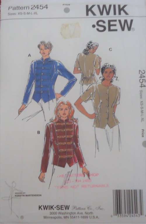 KWIK SEW PATTERNS 2454 BLOUSE-JACKET  SIZES X SMALL-SMALL-MEDIUM-LARGE-X LARGE - COMPLETE & UNCUT