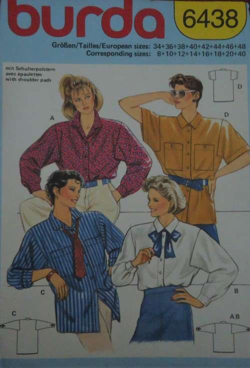 BURDA PATTERN 6438 BLOUSES/SHIRTS SIZES =8 + 10 + 12 + 14 + 16 + 18 + 20 + 40 SEE DESCRIPTION