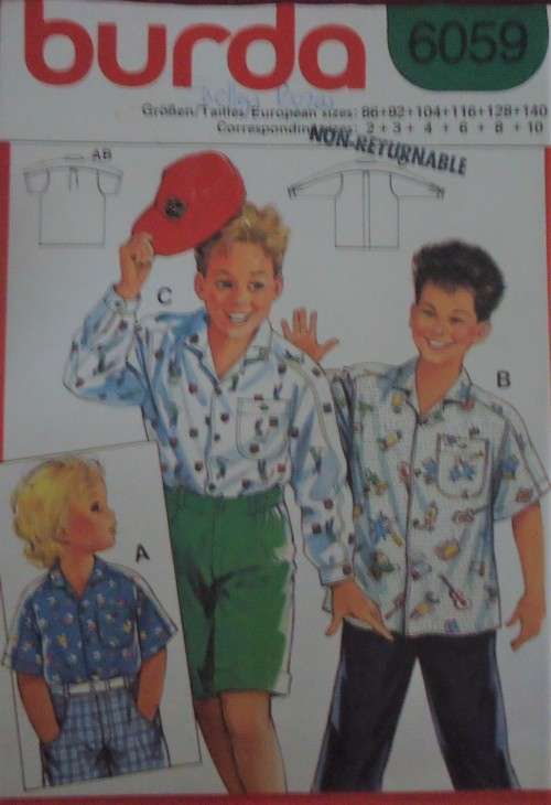 BURDA PATTERNS 6059 BOY'S LONG & SHORT SLEEVE SHIRT SIZES 2 + 3 + 4 + 5 + 6 + 8 + 10 YEARS  COMPLETE