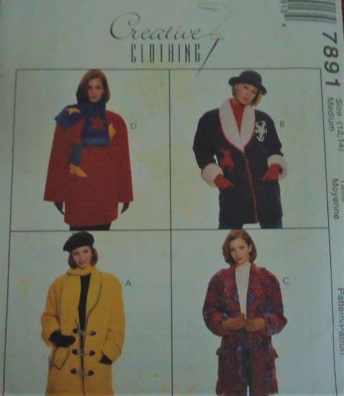 McCALL'S PATTERNS  7891 LADIES JACKET & SCARF WITH APPLIQUE SIZ MEDIUM 12 + 14 COMPLETE & UNCUT