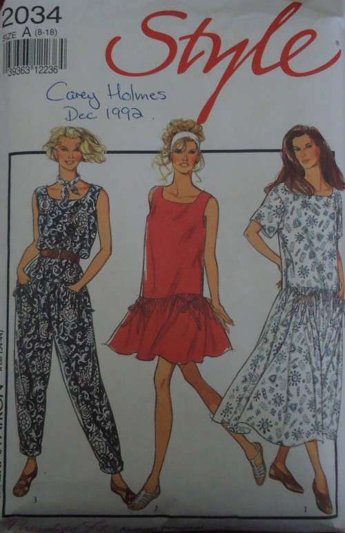 STYLE PATTERNS 2034 DRESS WITH LOWERED WAIST & JUMPSUIT SIZE A = 8 - 18 COMPLETE