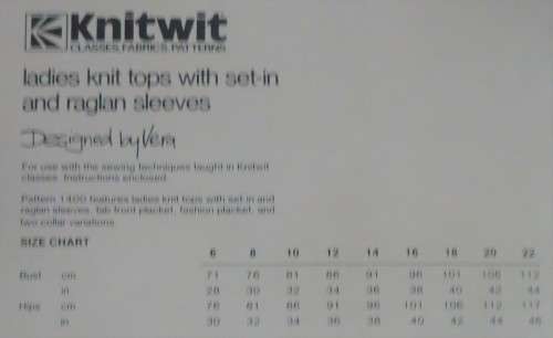 KNITWIT PATTERNS 1400 "LADIES KNIT TOPS WITH SET-IN & RAGLAN SLEEVES" SIZES 6 - 22