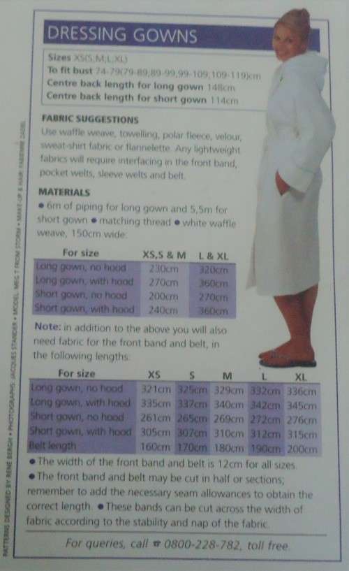 VALUE CLASSICS PATTERNS  "DRESSING GOWNS" SIZES XS ( 6) +S ( 8 -10), + M ( 12 - 14), L (16-18) & XL