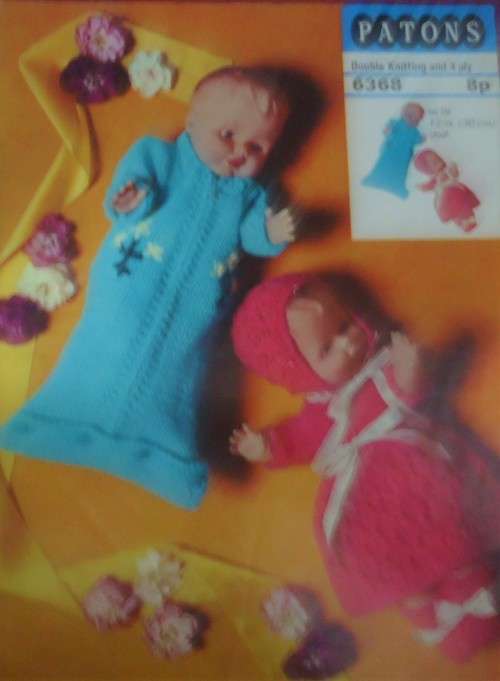 PATONS #6368 DOLL`S DELIGHT - ZIP UP SLEEPING BAG & ALL DRESSED UP  TO FIT DOLL 12` OR 30 CM