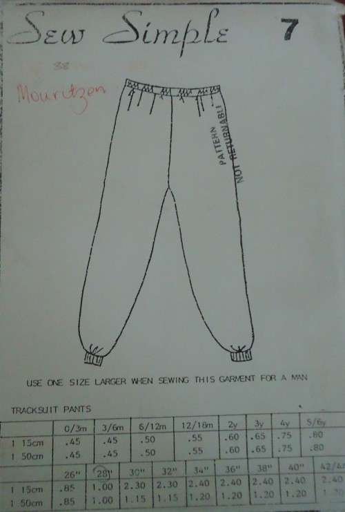 SEW SIMPLE PATTERNS # 7  TRACKSUIT PANTS  SIZE  34 OR 87 CM