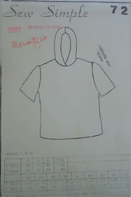 SEW SIMPLE PATTERNS # 72 HOODED T-SHIRT - 30"  OR 76 CM