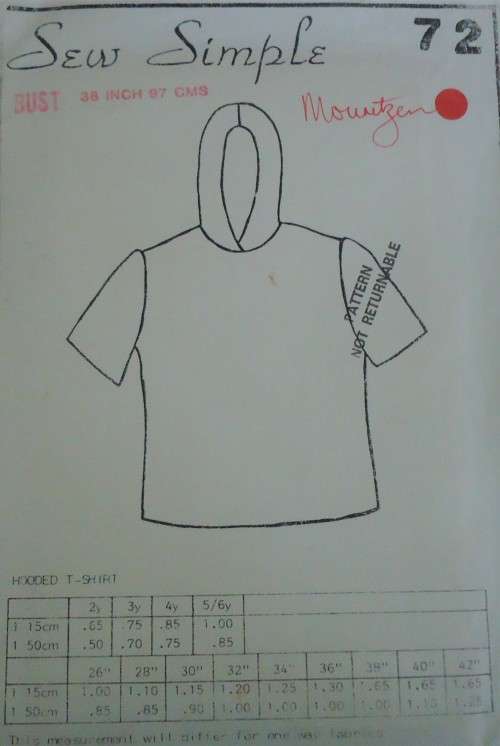 SEW SIMPLE PATTERNS # 72 HOODED T-SHIRT - 38"  OR 97 CM