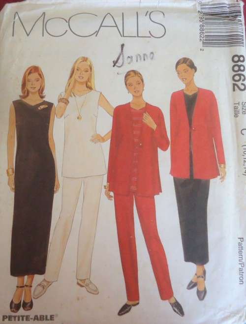 McCALL'S PATTERN 8862 UNLINED JACKET-DRESS-TUNIC-PULL ON PANTS SIZE C = 10 + 12 + 14  COMPLETE