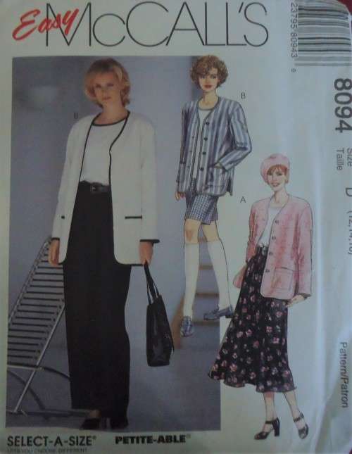 McCALL'S PATTERN 8094 JACKET-TOP-PULL ON PANTS/SKIRT/SHORTS SIZE D = 12 + 14 + 16 COMPLETE & UNCUT