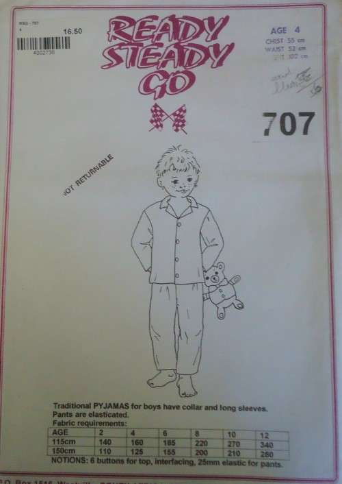 READY-STEADY-GO PATTERN - NUMBER 707 - BOYS PYJAMAS WITH COLLAR AND LONG SLEEVES- AGES  4