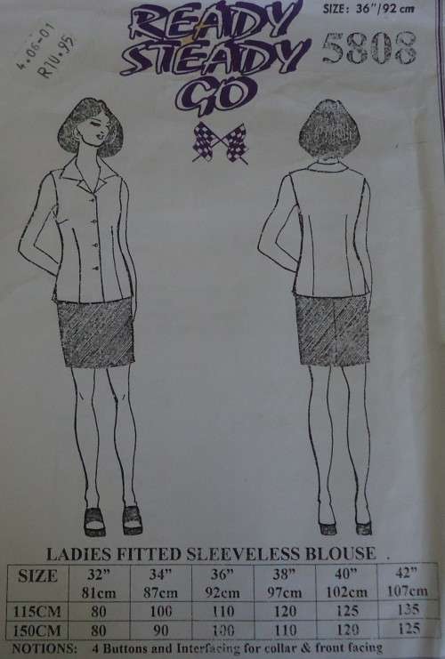 READY-STEADY-GO PATTERN NUMBER 5808 - LADIES SLEEVELESS BLOUSE  - SIZE 36`/92 CM