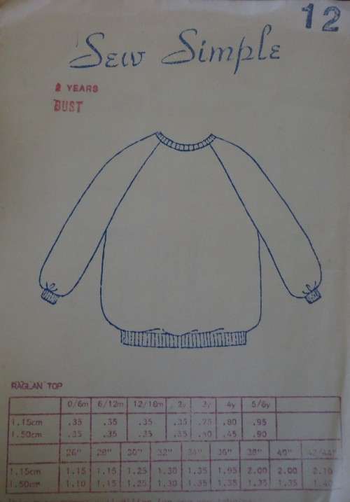 SEW SIMPLE PATTERNS # 12 TRACKSUIT RAGLAN TOP  SIZE 2 YEARS