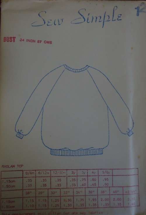 SEW SIMPLE PATTERNS # 12  RAGLAN TOP SIZE 34" OR 87 CM