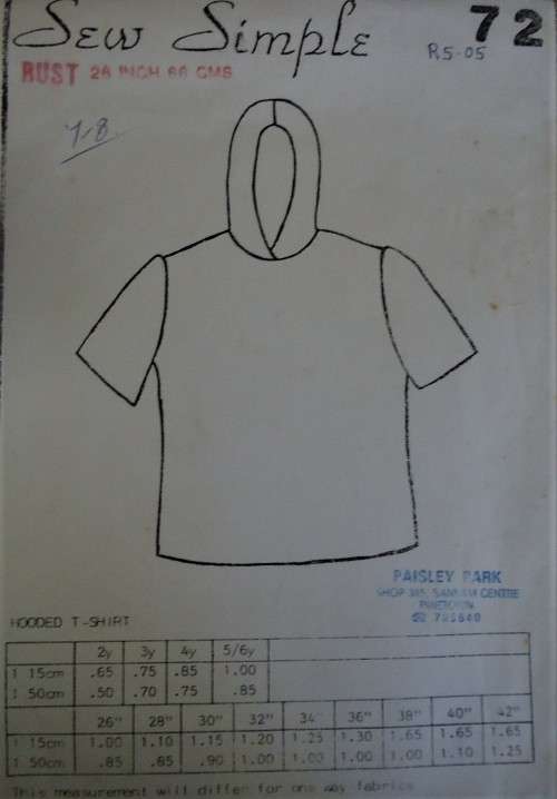 SEW SIMPLE PATTERNS #72  HOODED T- SHIRT  SIZE 26" OR 66 CM COMPLETE