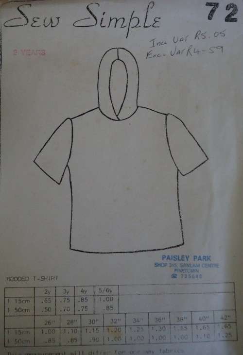 SEW SIMPLE PATTERNS #72  HOODED T-SHIRT  BUST 28 /72 CM COMPLETE-UNCUT