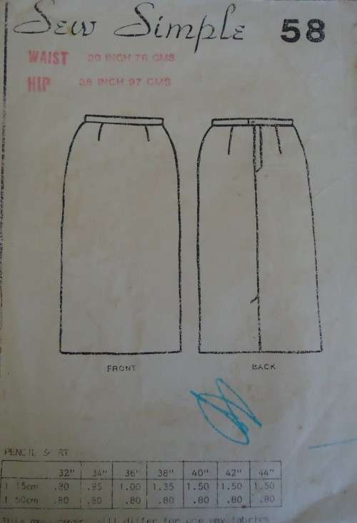 SEW SIMPLE PATTERNS #58 PENCIL SKIRT SIZE HIP 38` 97 CM WAIST 30/76 CM COMPLETE
