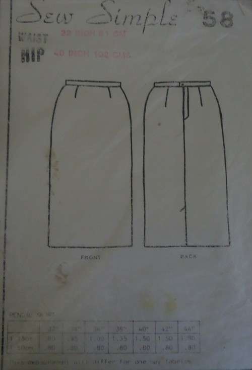 SEW SIMPLE PATTERNS 58 PENCIL SKIRT SIZE WAIST 34` OR 87 cm HIP 42` OR 107 cm COMPLETE