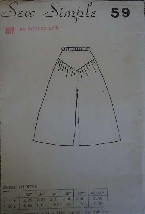 SEW SIMPLE PATTERNS # 59 BASQUE CULOTTES SIZE  HIP 36" OR 92CM