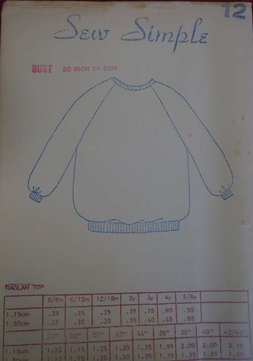 SEW SIMPLE PATTERNS #12  RAGLAN TOP  SIZE 30" OR 76 CM