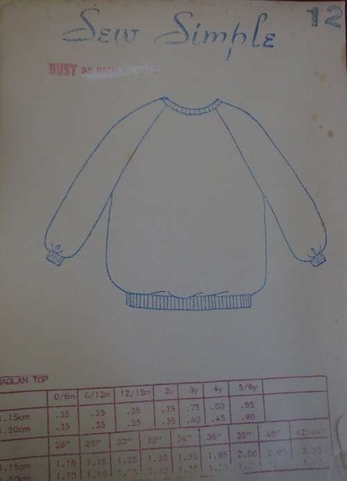 SEW SIMPLE PATTERNS #12  RAGLAN TOP  SIZE 32" OR 81 CM