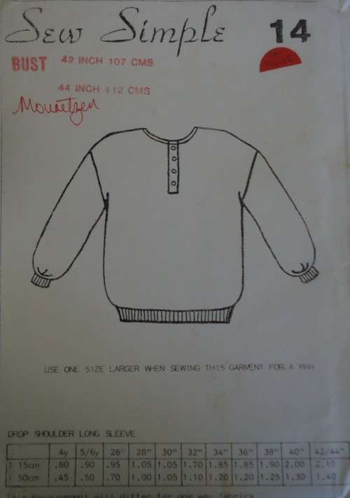 SEW SIMPLE PATTERNS #14  DROP SHOULDER LONG SLEEVE TOP SIZE  40` or 102 CM