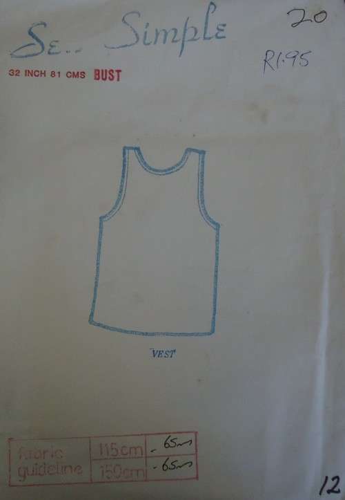 SEW SIMPLE PATTERNS# 20 TANK TOP OR VEST SIZE 32" OR 81 CM
