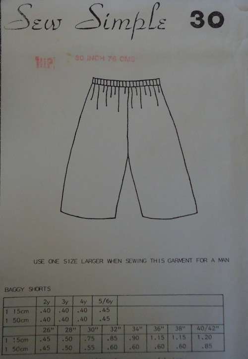 SEW SIMPLE PATTERNS # 30  BAGGY SHORTS SIZE HIP 34` OR 87 CM  COMPLETE