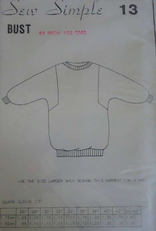 SEW SIMPLE PATTERNS 13 SQUARE SLEEVE TOP SIZE 40" OR 102 cm - COMPLETE
