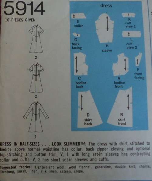 VINTAGE SIMPLICITY PATTERNS 5914 DRESS WITH COLLAR SIZE 18 1/2 BUST 104 CM COMPLETE