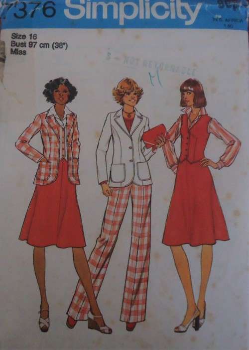 SIMPLICITY PATTERNS 7376 UNLINED JACKET-WAISTCOAT-SKIRT-PANTS  SIZE 16 BUST 97 CM  COMPLETE