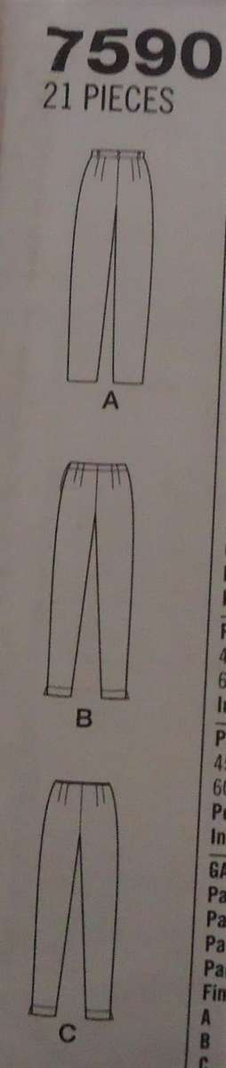SIMPLICITY PATTERNS 7590  PANTS  SIZE D = 4 + 6 + 8 COMPLETE