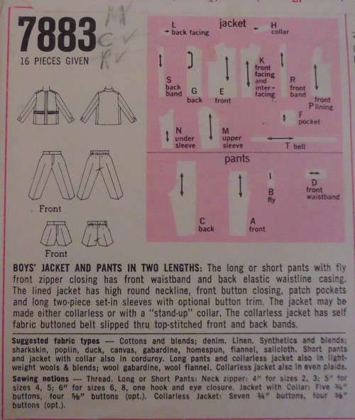 SIMPLICITY PATTERNS 7883  BOYS PANTS-SHORTS-JACKET SIZE 4 CHEST 23" COMPLETE