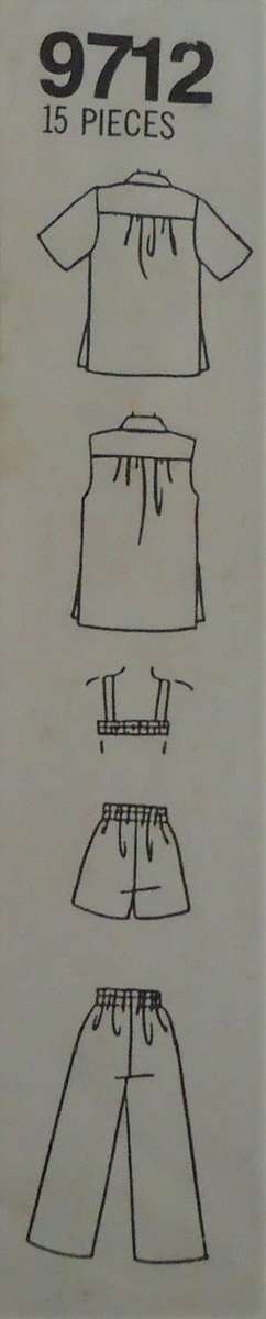 SIMPLICITY PATTERNS 9712 PANTS-SHORTS-BANDEAU-LOOSE FITTING SHIRT SIZE A = 6 - 16  COMPLETE