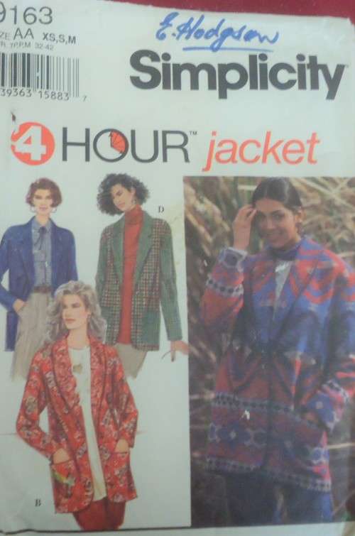 SIMPLICITY PATTERNS 9163  JACKET  SIZE AA = EXTRA SMALL-SMALL-MEDIUM  (6-16) COMPLETE